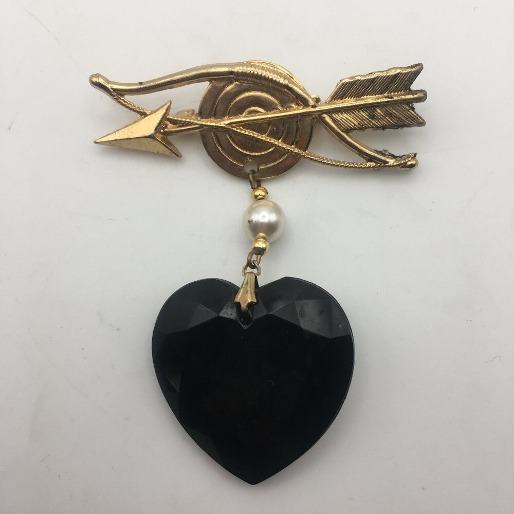 Cupid Bow Ribbon Brooch Pin 3" Dangle Heart Black Vintage Gold Tone Pearl